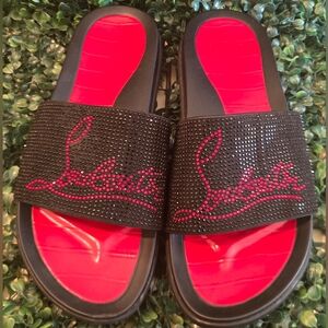 Red Bottom Slides for Women Black/Red with Crystal Embellishments Please Read